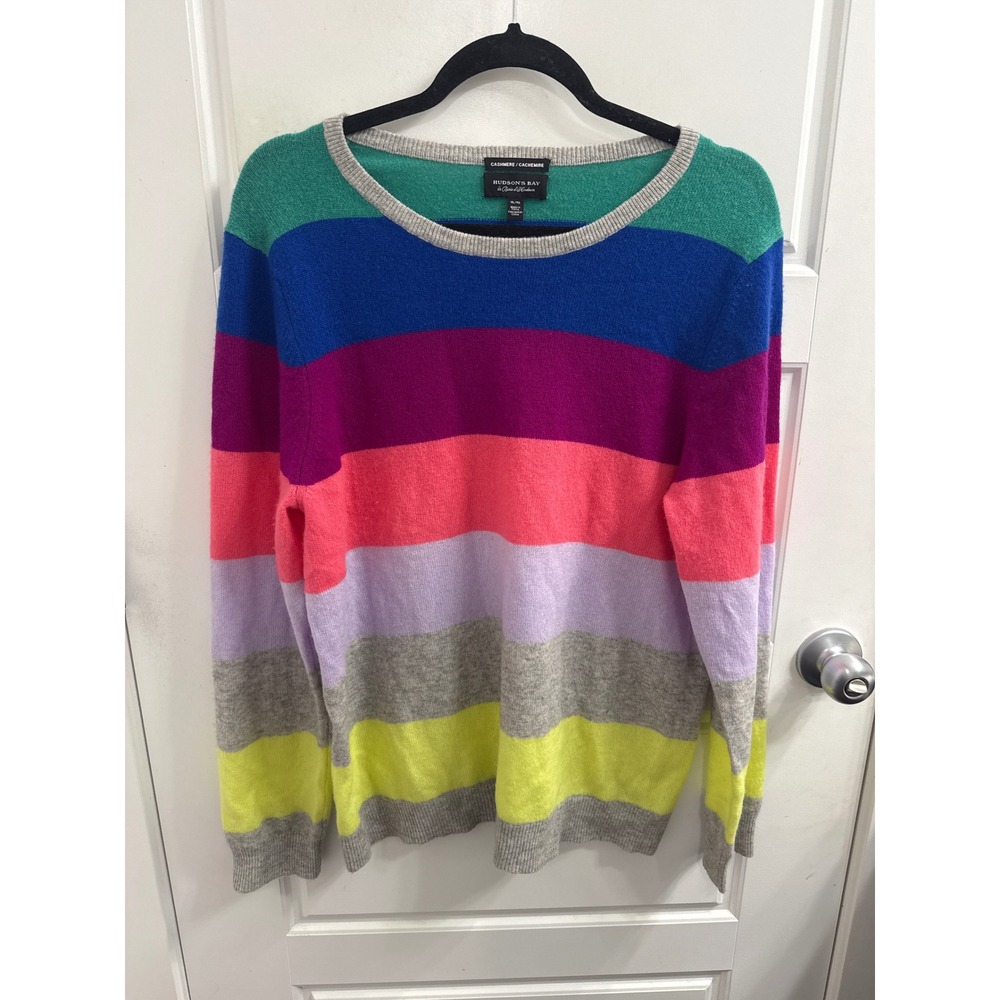 Hudsons Bay Womens XL Cashmere Sweater Multi Color Rainbow Stripe Crew Neck